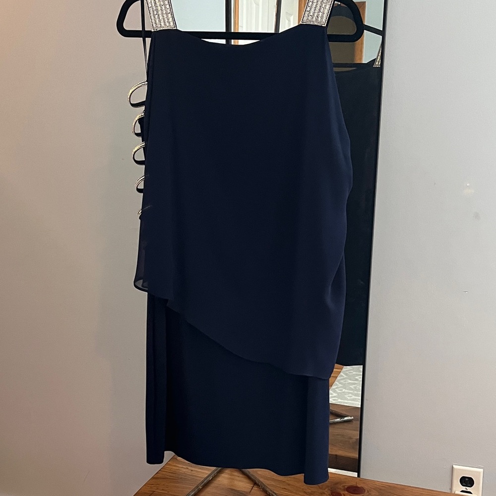 MSK Navy Asymmetrical Dress with Silver Details